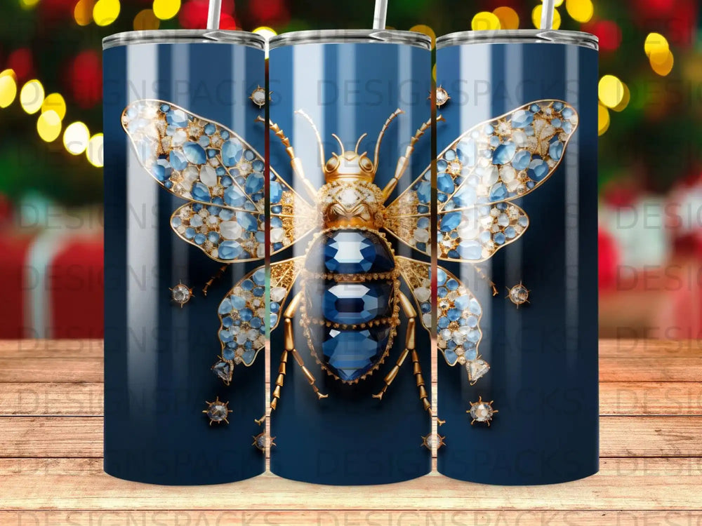 Jeweled bee with blue and gold wings on a dark blue background.