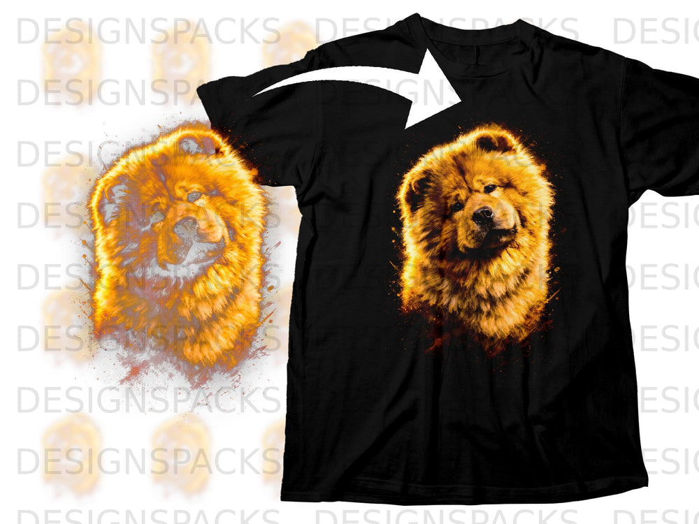 Black t-shirt with a vibrant, fiery chow chow dog graphic on the front.