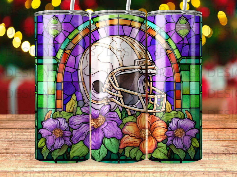 Football helmet with stained glass and floral border.