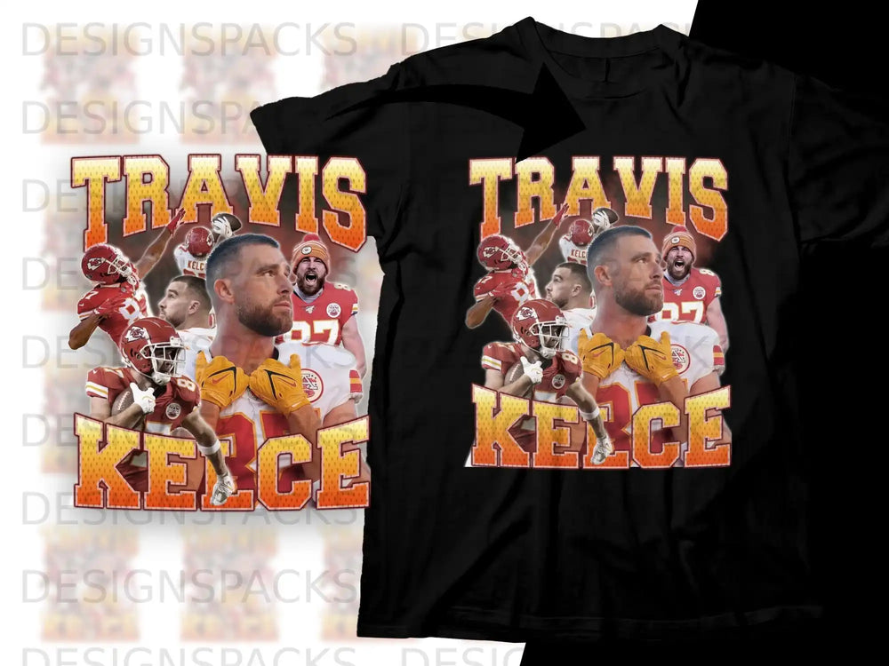Travis Kelce graphic t-shirt with football player imagery.