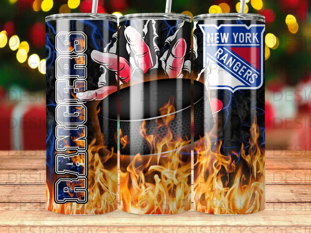 New York Rangers hockey puck and flames tumbler design.