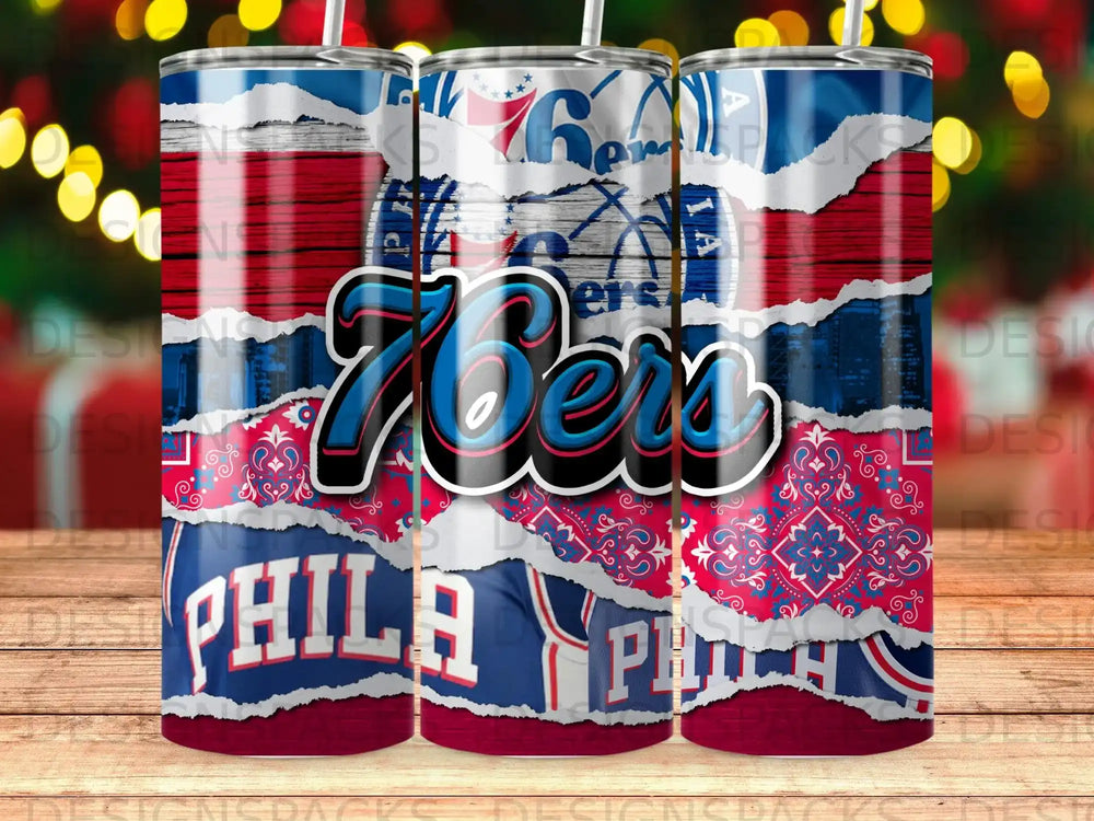 Philadelphia 76ers logo with distressed flag and bandana pattern on a tumbler.