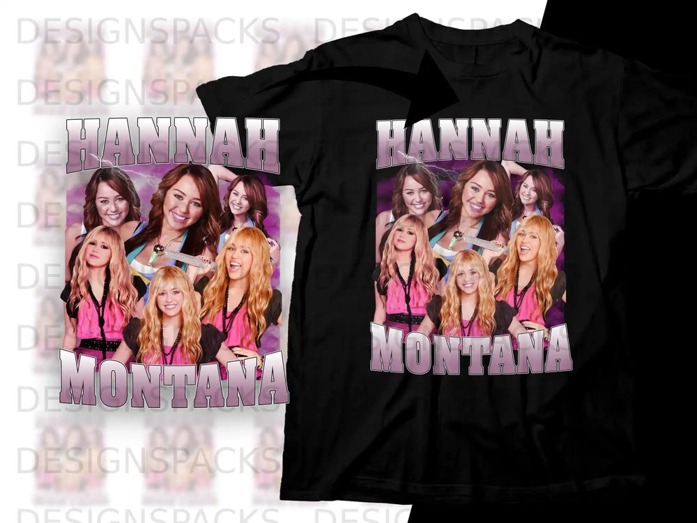 Black t-shirt with "Hannah Montana" graphic featuring Miley Cyrus.