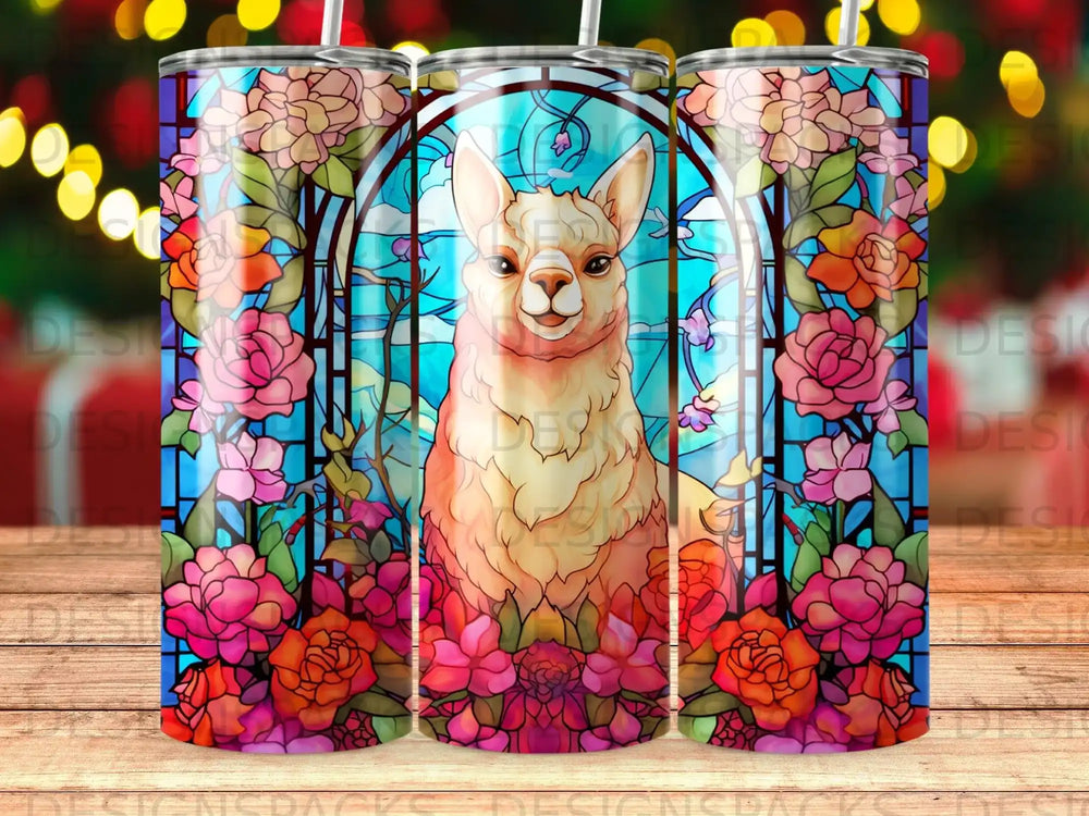Stained glass llama in floral archway on a skinny tumbler.