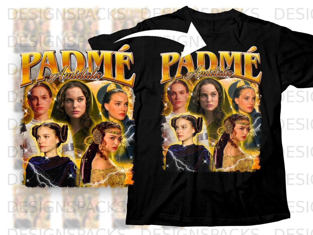Black t-shirt featuring Padmé Amidala collage with lightning and text.