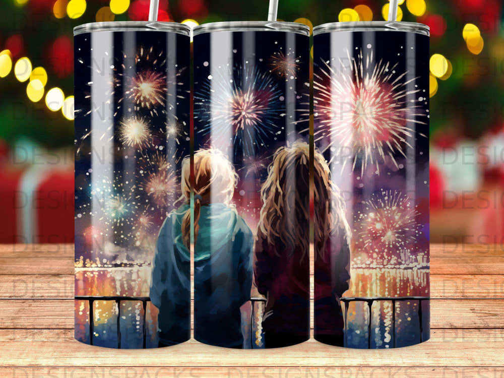 Two girls watch fireworks over a city skyline from a balcony.