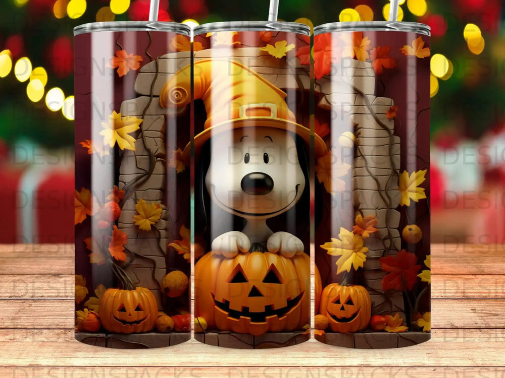 Snoopy in a witch hat with pumpkins and autumn leaves, in front of a brick arch.