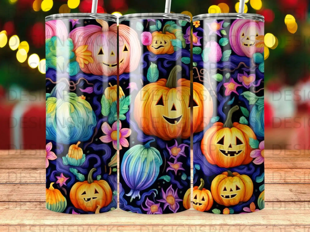 Halloween tumblers featuring colorful carved pumpkins and floral patterns.