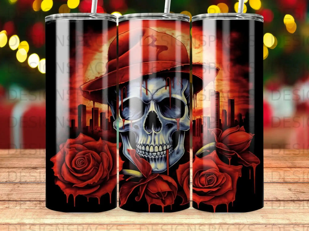 Skull with red roses and city skyline against bokeh lights.