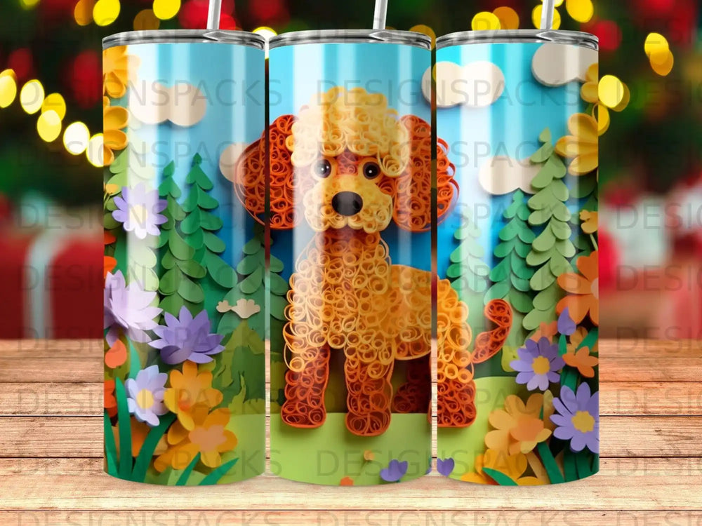 Orange poodle dog with flowers and trees on a patterned tumbler.