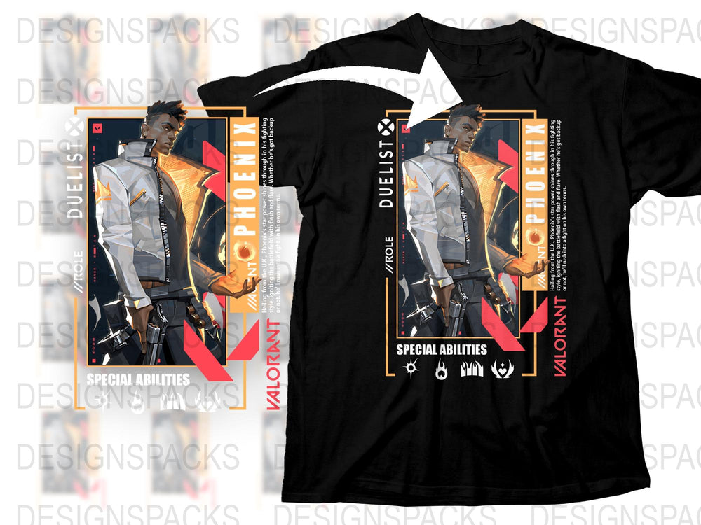 Valorant Phoenix Duelist T-Shirt, Special Abilities Graphic Tee, Gamer Apparel, Unisex Black Cotton Shirt, Gift for Gamers