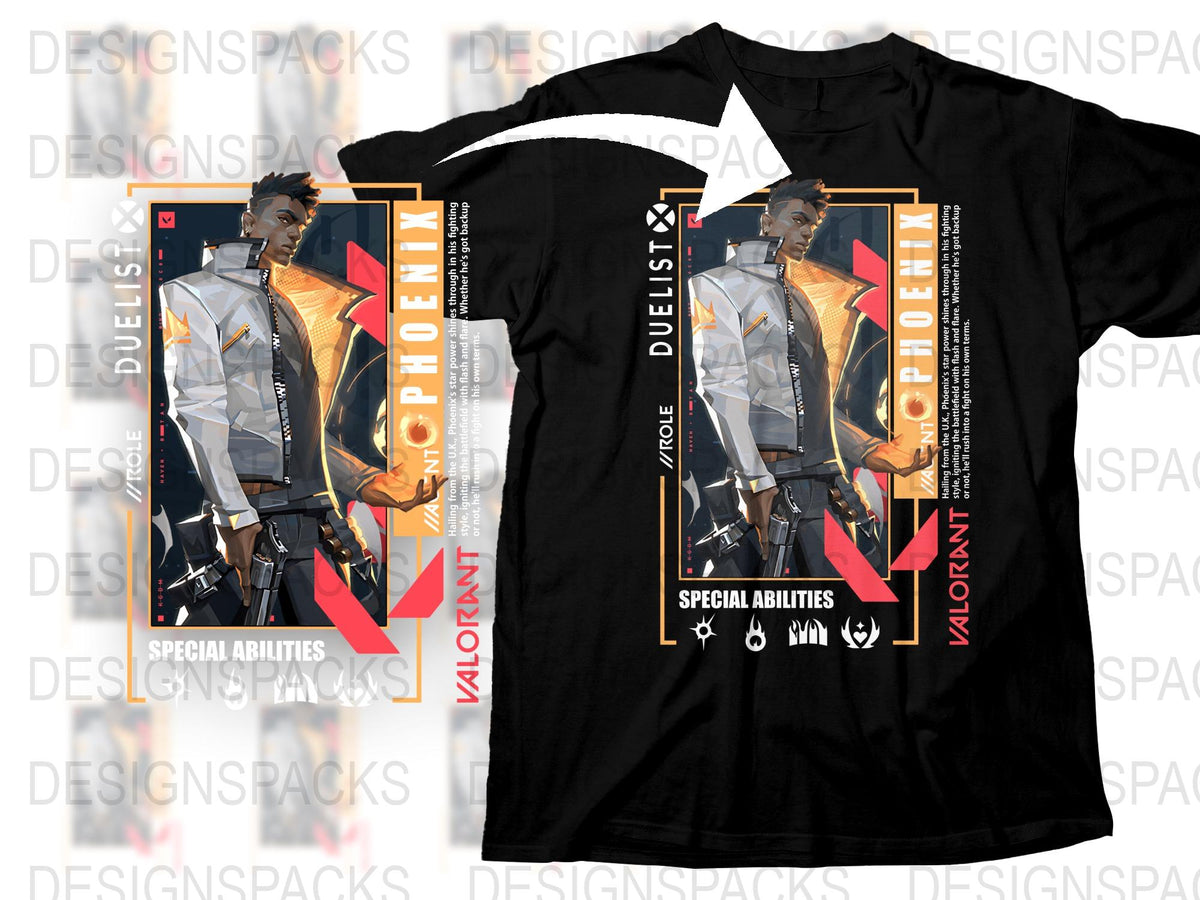 Valorant Phoenix Duelist T-Shirt, Special Abilities Graphic Tee, Gamer Apparel, Unisex Black Cotton Shirt, Gift for Gamers