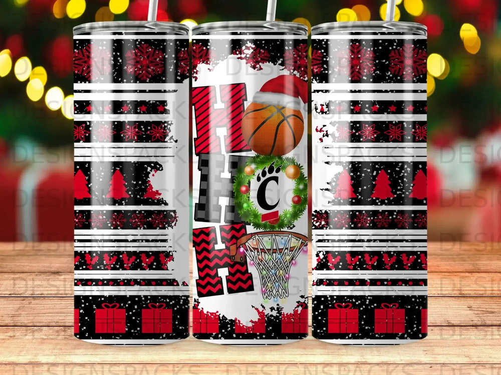 Black, red, and white tumbler with Christmas and basketball graphics.