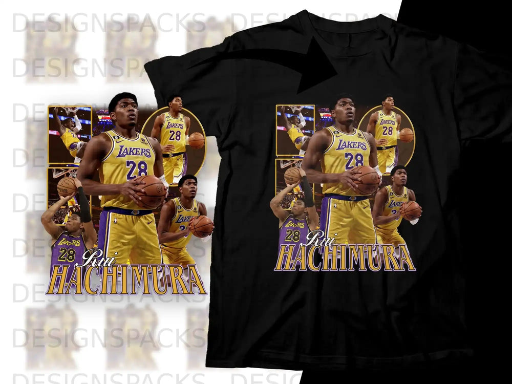 Black t-shirt featuring Rui Hachimura in Lakers uniform with the number 28.