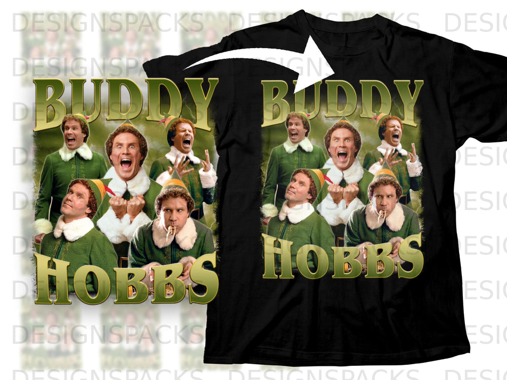 Buddy Hobbs collage on a black t-shirt with text.