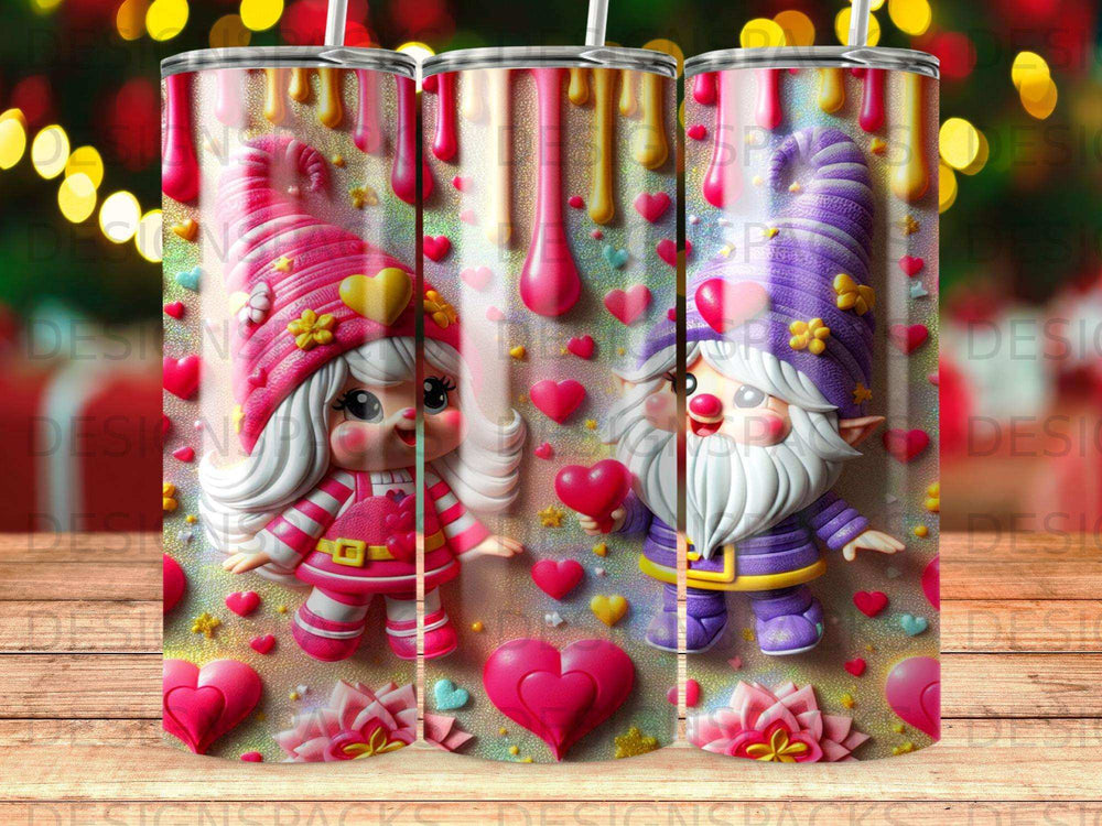 Pink and purple gnomes with hearts, suitable for tumblers.