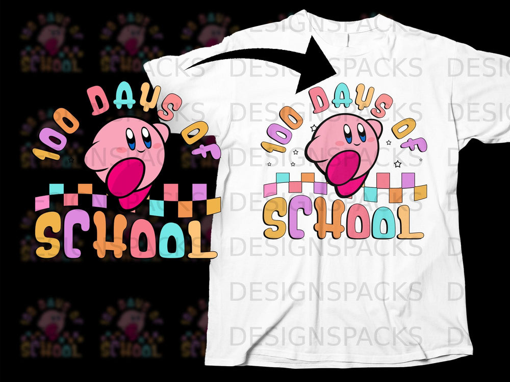 Kirby with "100 Days of School" text on a white t-shirt.