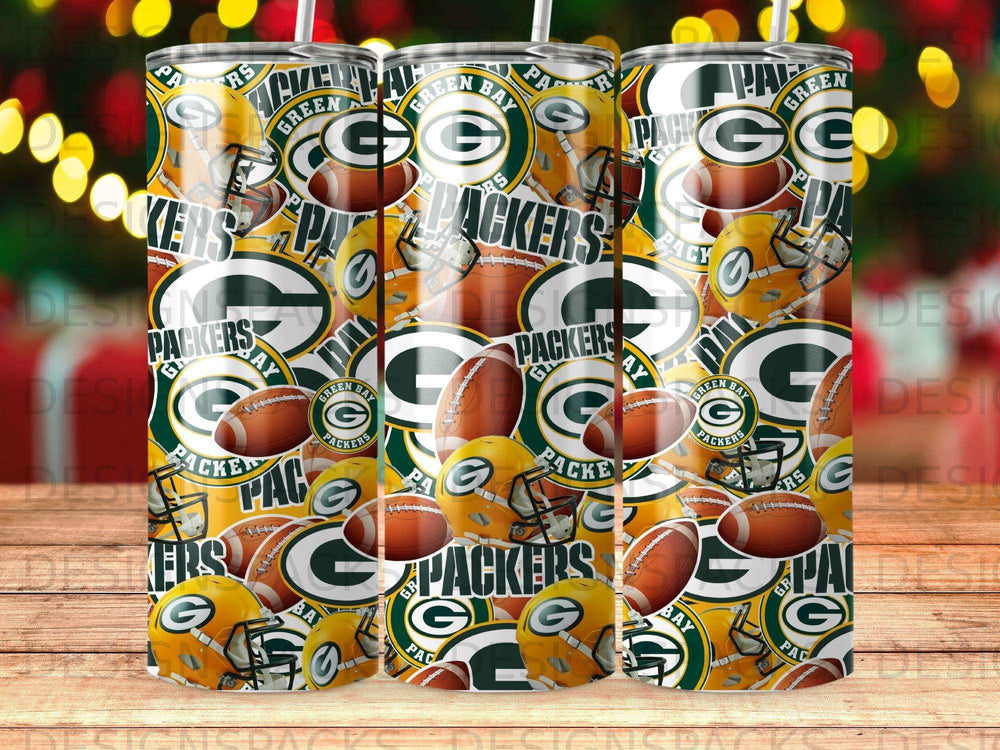 Green Bay Packers helmets, footballs, and logos on a yellow and green pattern.