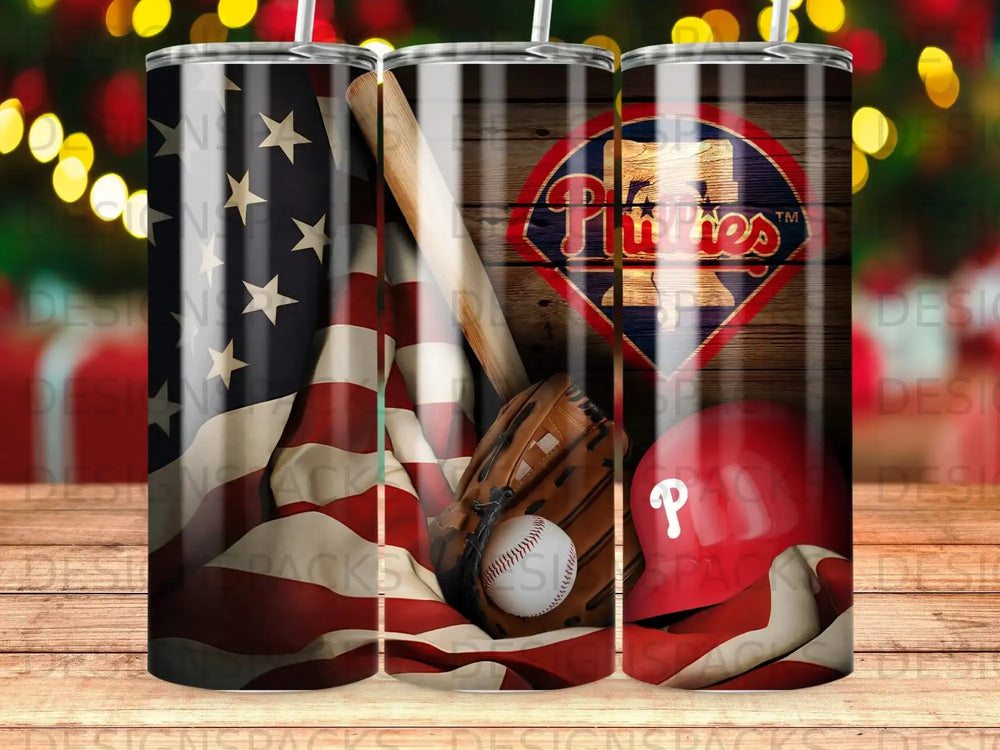 Philadelphia Phillies baseball logo on American flag and glove.