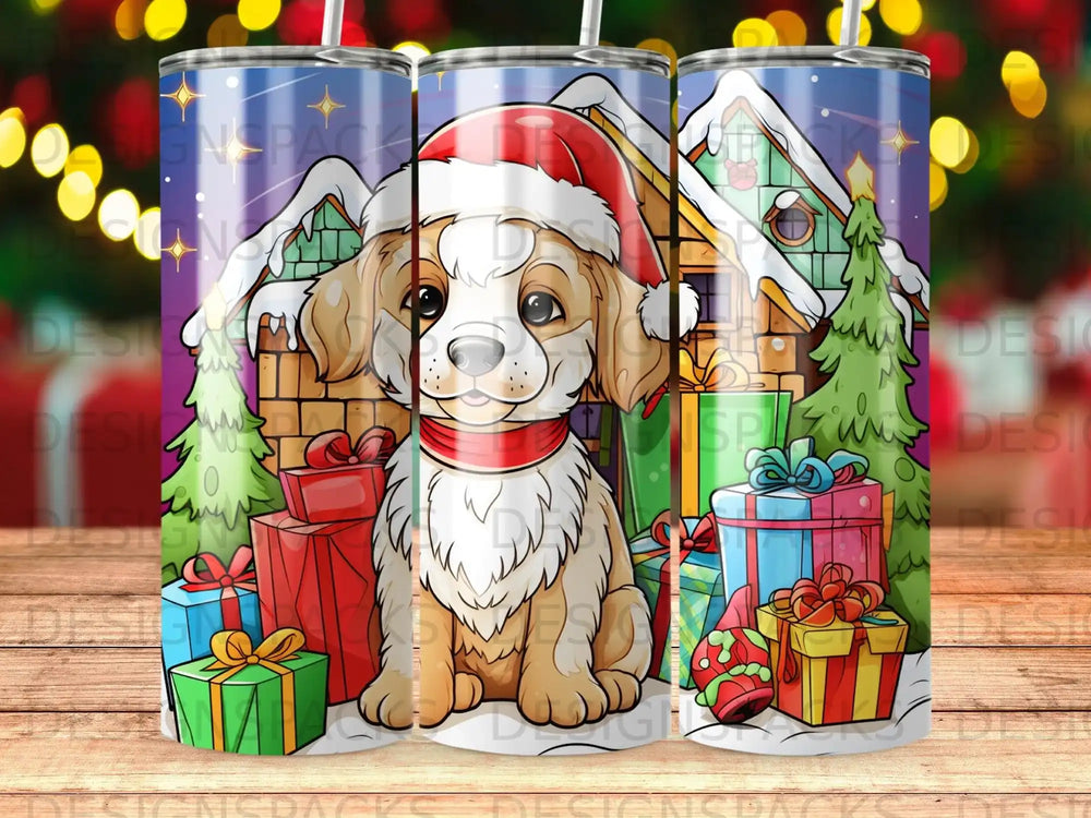 Christmas puppy in Santa hat with gifts and snowy house.
