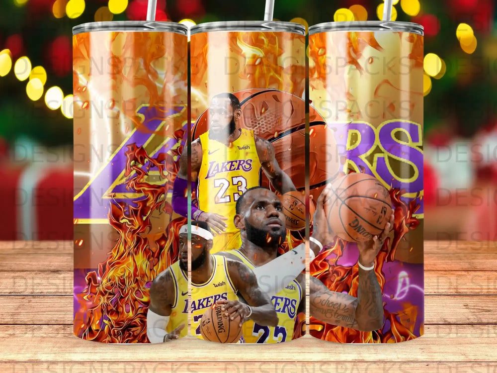 LeBron James basketball player with Lakers jersey and flaming basketball.