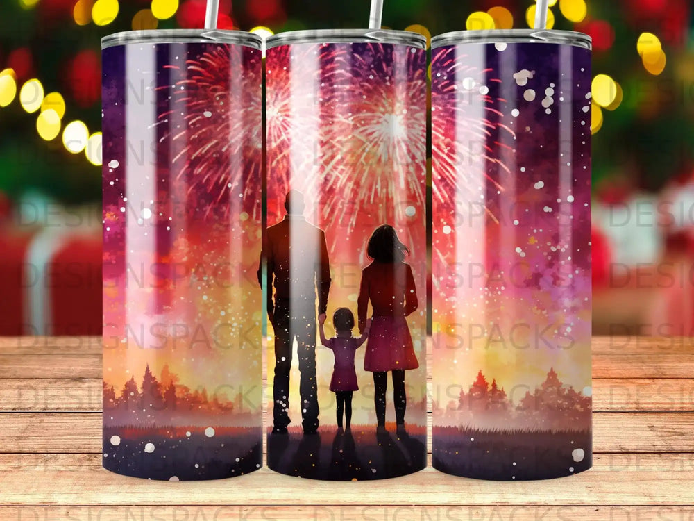Couple and child silhouetted against a vibrant fireworks display.