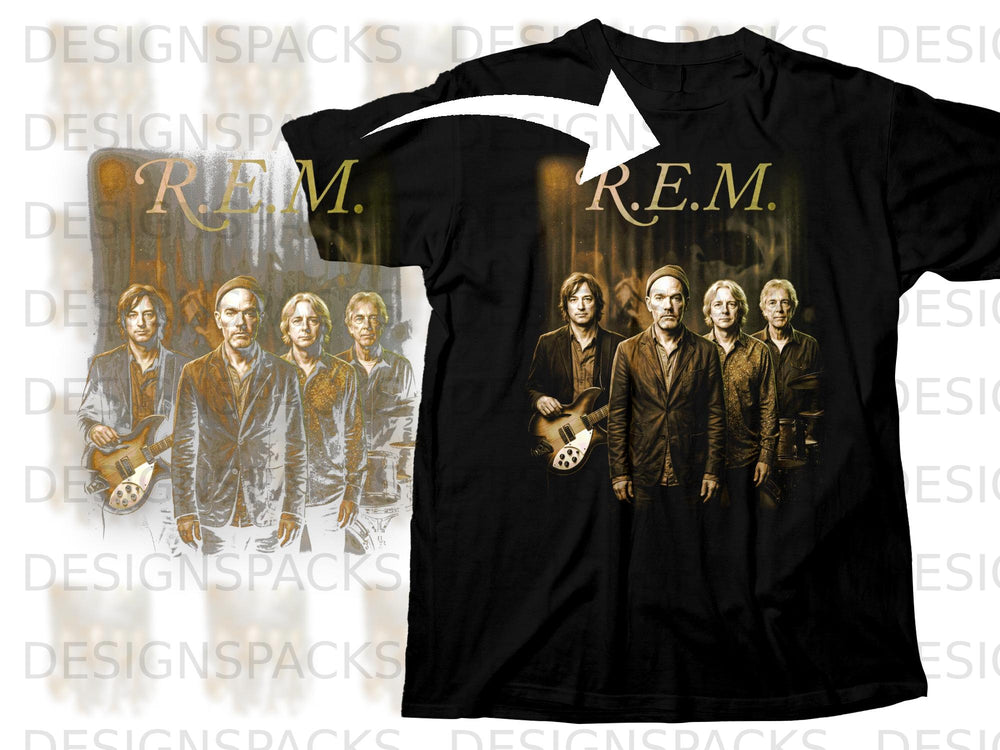 Black t-shirt featuring the band R.E.M. with a stylized portrait and band logo.