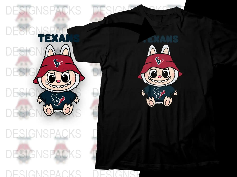 Houston Texans Inspired Cartoon Character T-Shirt, Cute Fan Apparel, Unisex Black Tee