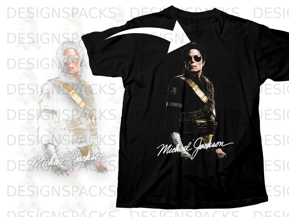 Black t-shirt featuring Michael Jackson in a gold-trimmed military-style jacket.