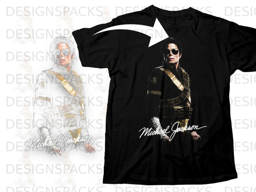 Black t-shirt featuring Michael Jackson in a gold-trimmed military-style jacket.