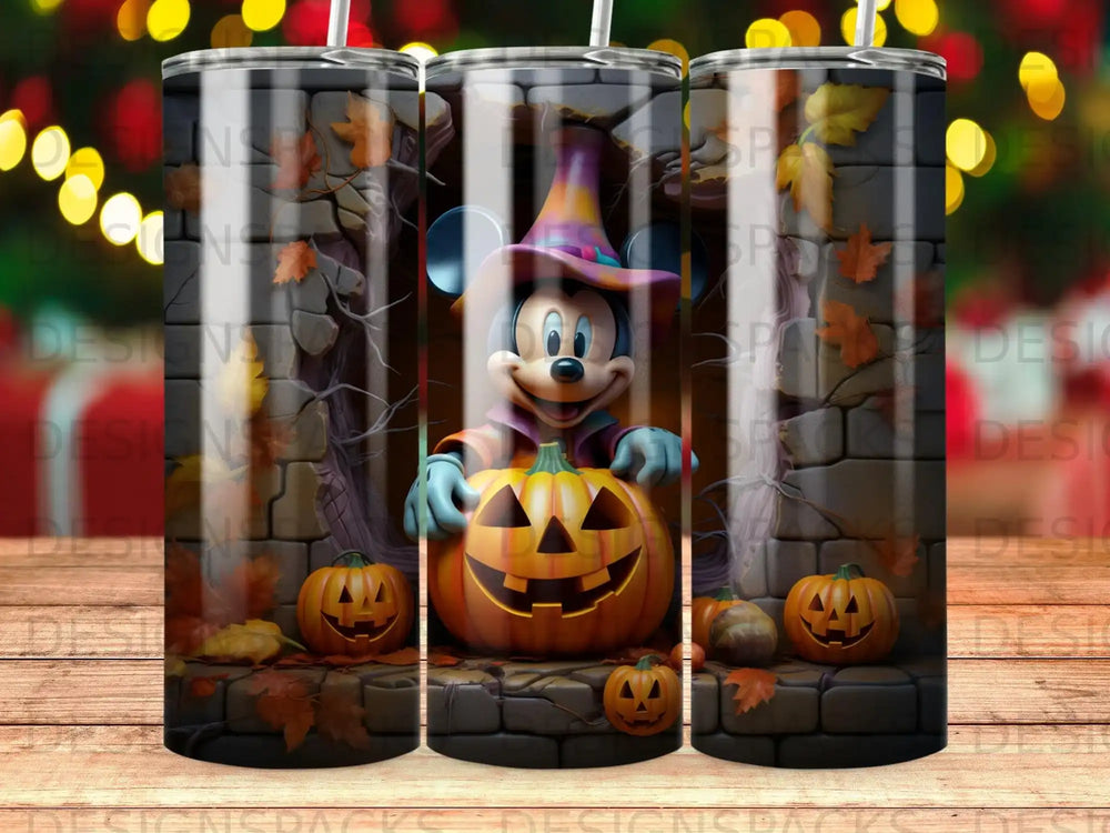 Mickey Mouse in a witch hat holding a carved pumpkin in a Halloween scene.
