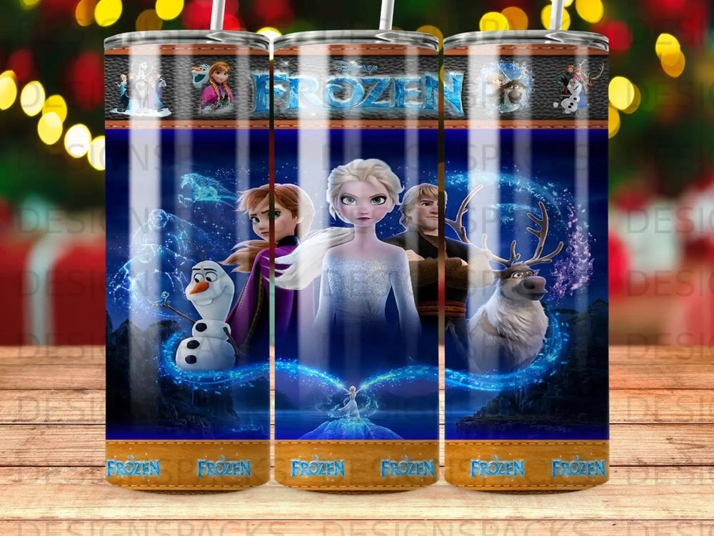 Frozen movie characters Elsa, Anna, Olaf, and Sven on a blue background.