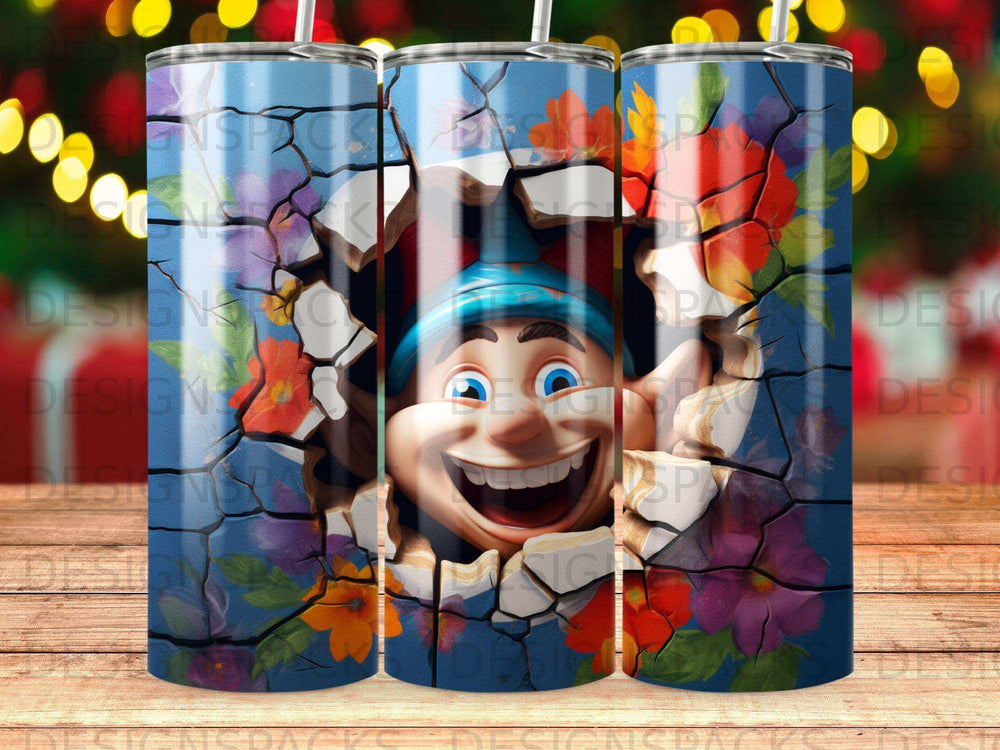 Smiley gnome peeking through cracked wall with floral accents.