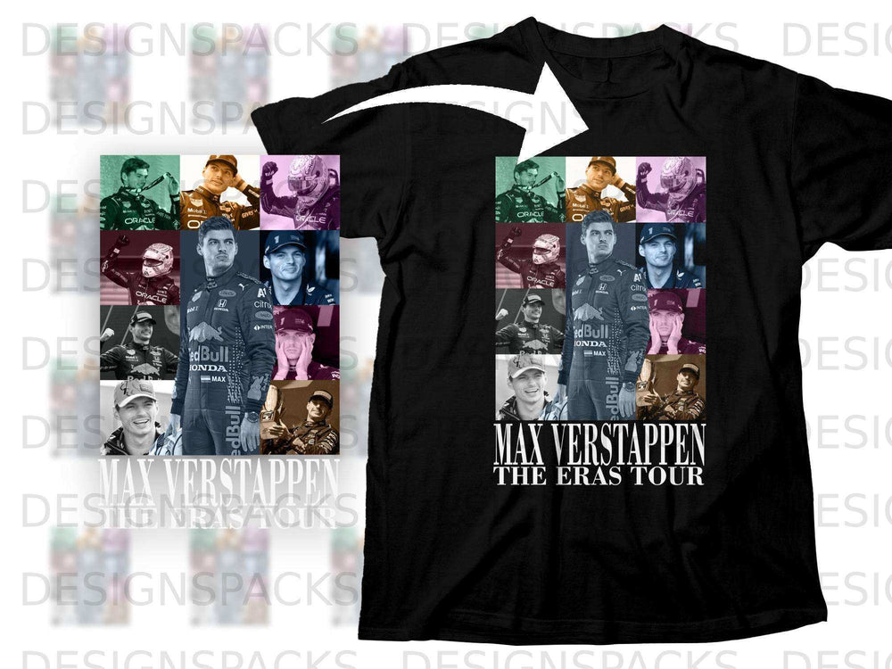 Max Verstappen Eras Tour t-shirt with collage of driver photos.