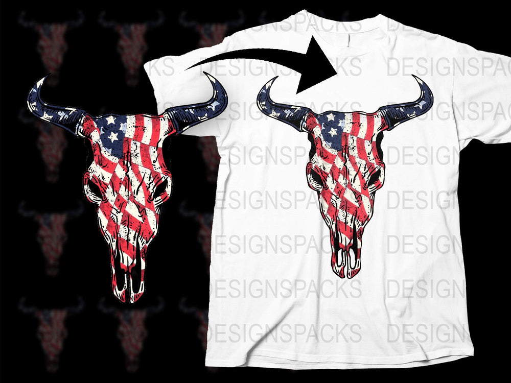 Patriotic Bull Skull T-Shirt, American Flag Print, Red White and Blue, Unisex Graphic Tee, Summer Fashion Top, Casual Wear, Unique Design