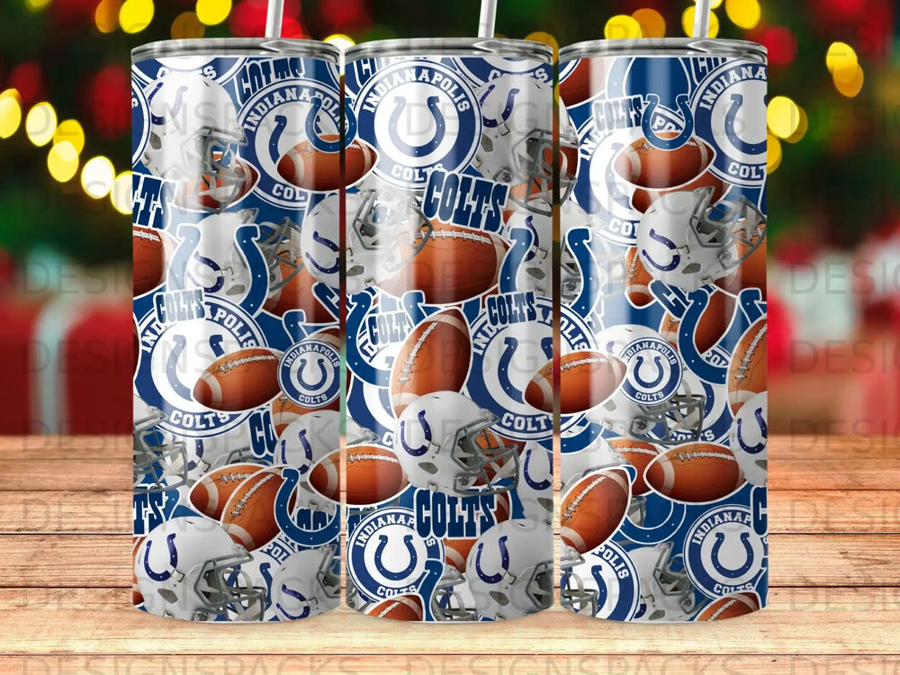 Indianapolis Colts helmets, footballs, and team logos on a patterned tumbler.