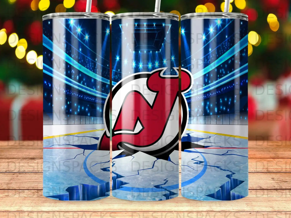 New Jersey Devils logo on hockey rink with cracked ice.