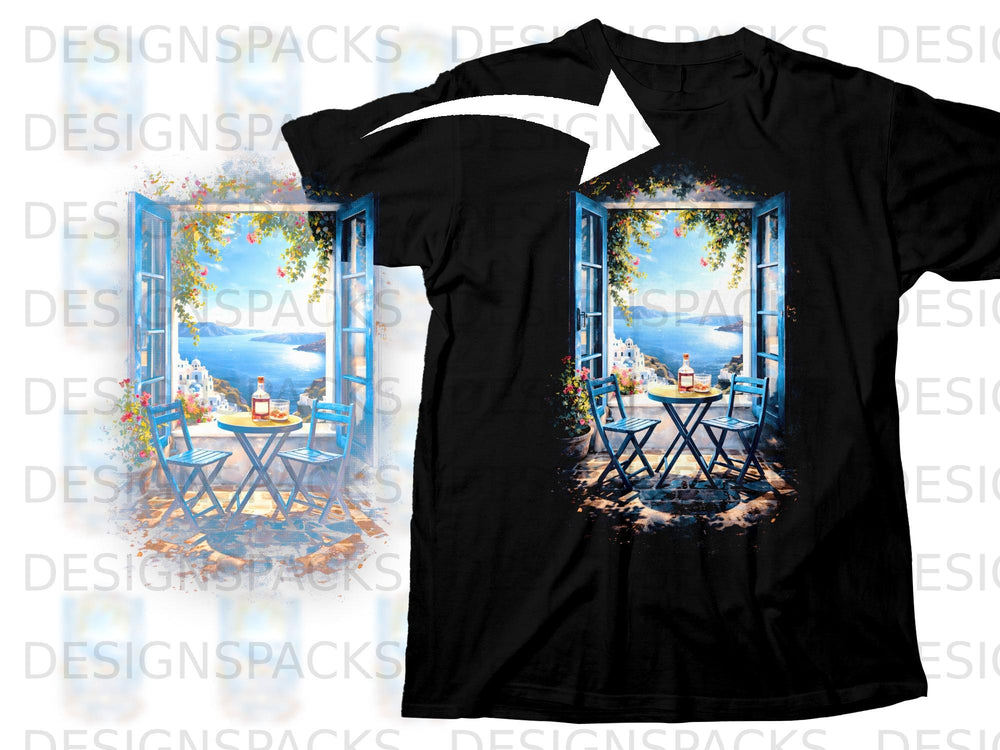Black t-shirt with a vibrant graphic of a Greek island balcony overlooking the sea.