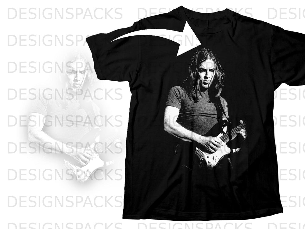 Black t-shirt with a black and white graphic of David Gilmour playing a guitar.