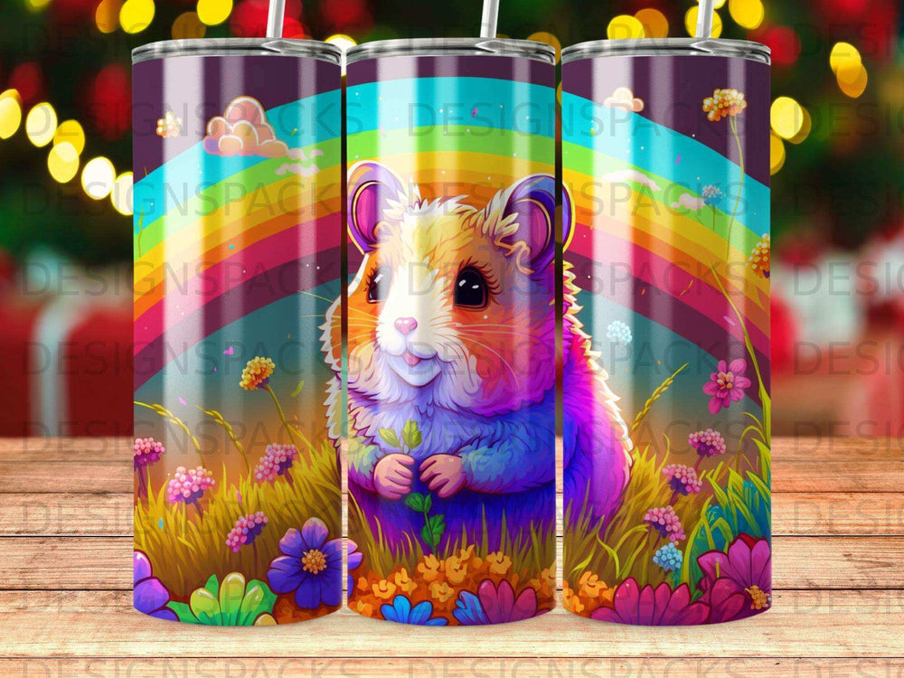Colorful hamster with rainbow and flowers illustration on a tumbler.