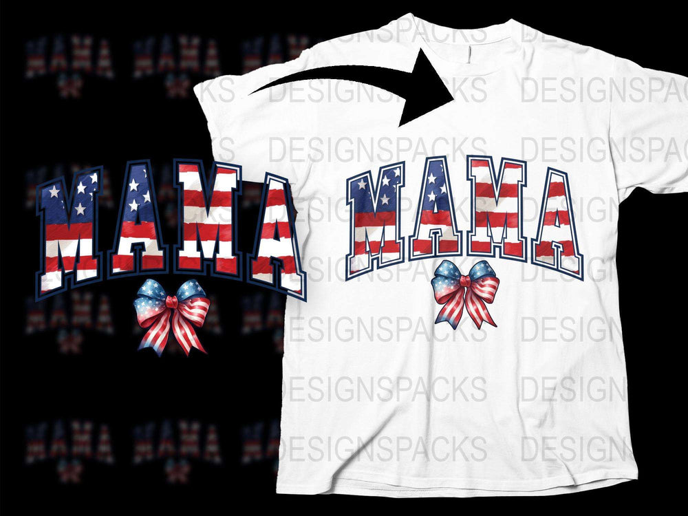 Patriotic Mama T-Shirt with USA Flag and Ribbons Design, American Pride Casual Tee for Women