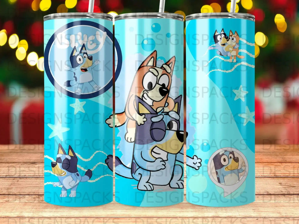 Bluey and Bingo characters from the animated series on a blue patterned tumbler.