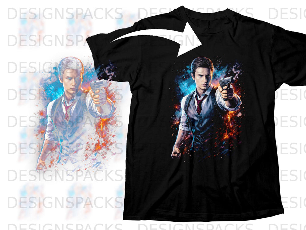 Black t-shirt with graphic of a man holding a gun with fiery explosion background.