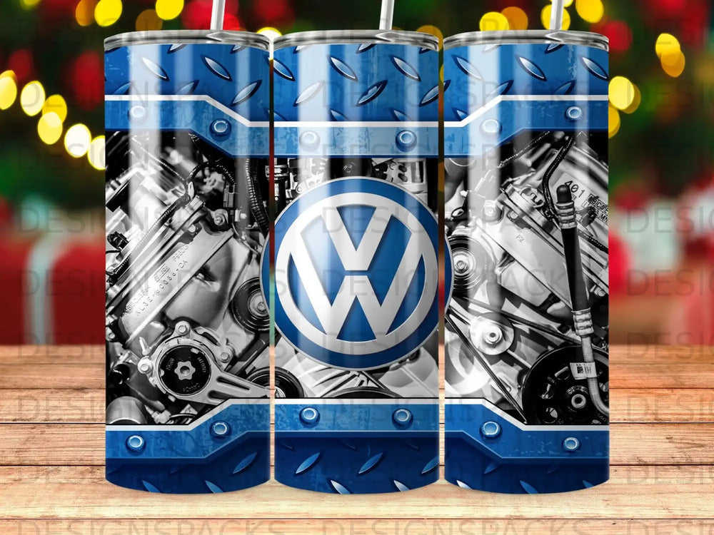 Volkswagen logo on a detailed car engine background with blue metallic borders.