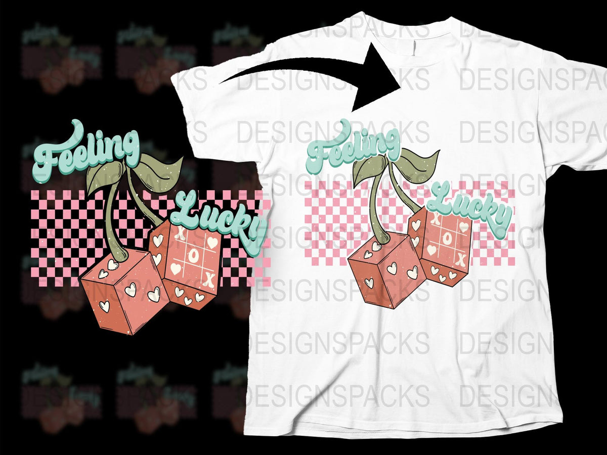 Feeling Lucky Shirt, Dice and Arrow Graphic Tee, Trendy Pink and Black Check, Casual Style T-shirt