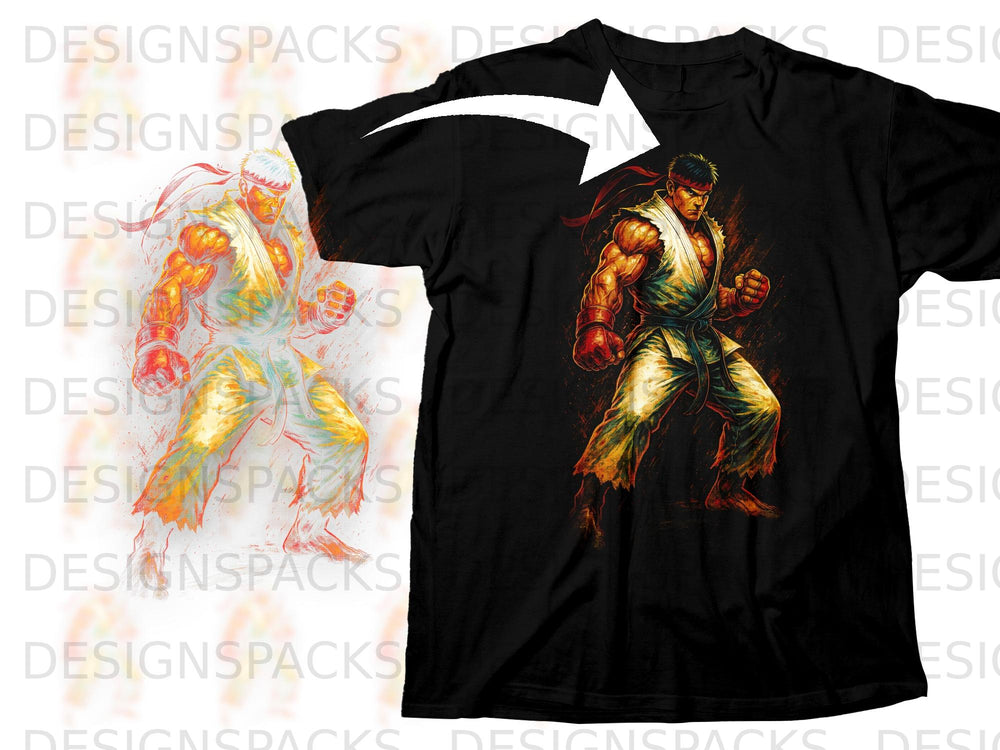Black t-shirt with a martial artist character design inspired by Ryu.
