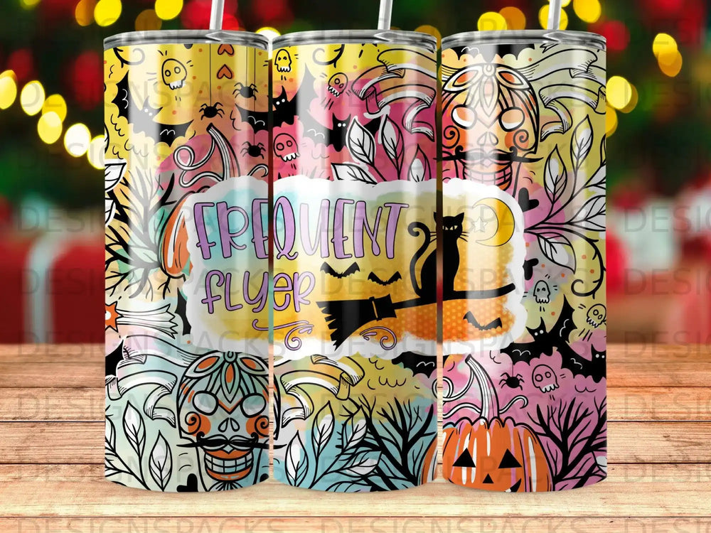 Halloween tumbler with skulls, bats, cats, and pumpkin illustration.