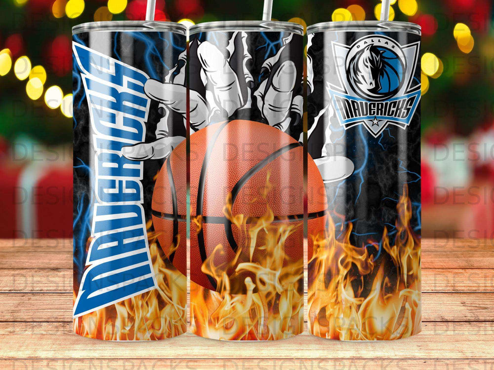 Dallas Mavericks basketball tumbler with flames and lightning graphics.