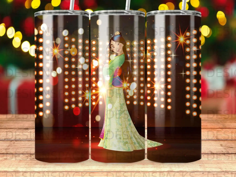 Animated woman in a green dress against a sparkling background.