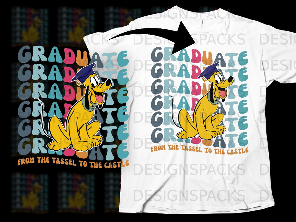 Pluto the dog wearing a graduation cap with "GRADUATE" text and "FROM THE TASSEL TO THE CASTLE" phrase.